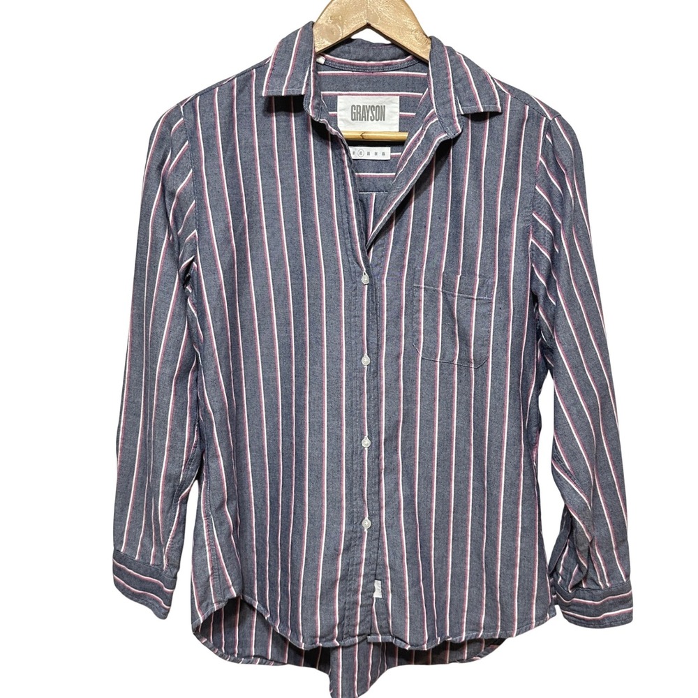 Grayson Frank & Eileen The Hero Button Up Shirt Women Small Blue Striped Cotton